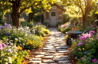 A DIY garden path made from recycled materials surrounded by flowers and tools, basking in soft sunlight.