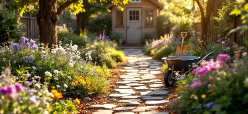 A DIY garden path made from recycled materials surrounded by flowers and tools, basking in soft sunlight.
